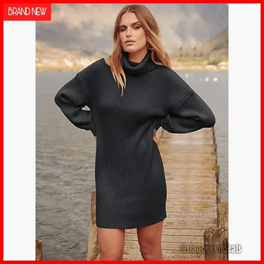 Oversized Turtleneck Sweater Dress Batwing Sleeve Ribbed Knit Casual